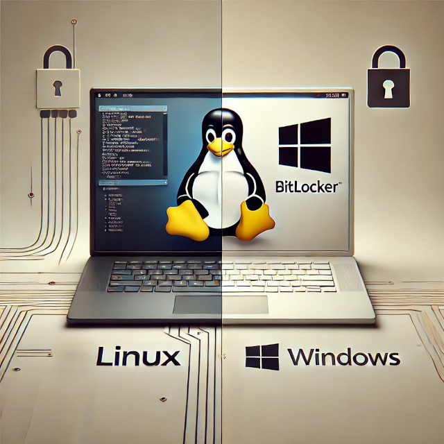 Illustration eines Dual-Boot-Systems mit Linux und Windows, dargestellt durch die Logos beider Betriebssysteme. Die Windows-Seite zeigt ein BitLocker-Schloss-Symbol, das auf die Verschlüsselung der Systemplatte hinweist.