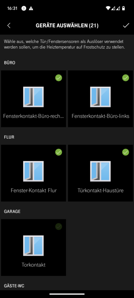 Screenshot der Telekom Magenta SmartHome App auf einem Andriod. Gezeigt wird das Menü Sensoren konfigurieren, für die Funktion Lüften der Heizungssteuerung.